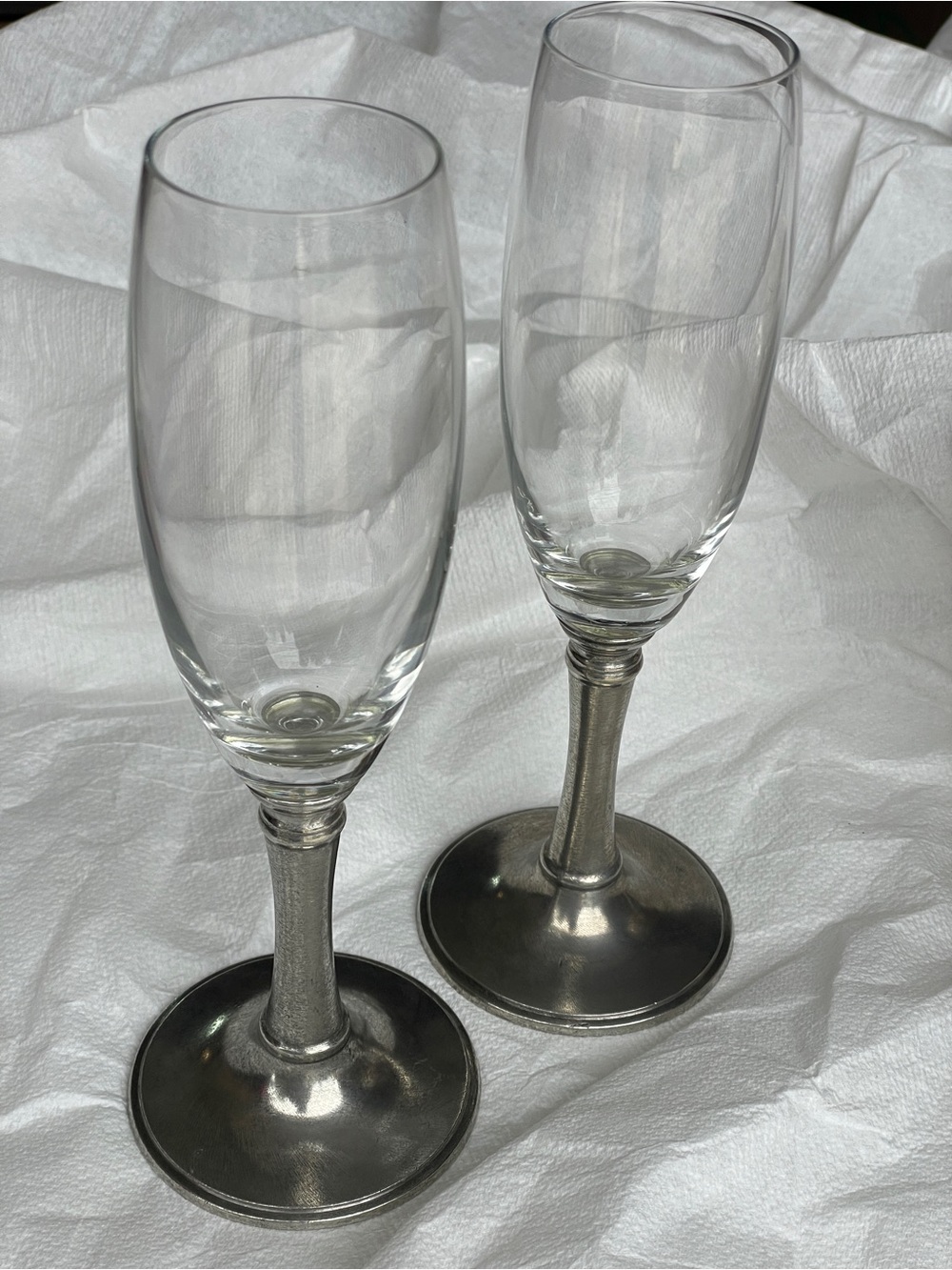 Clear Glass Champagne Flutes with Pewter Stems made in Italy